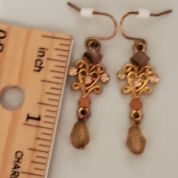 Vintage Ornate Gold & Brown Eye of Tiger Pink Beaded Dangle Earrings - Picture 4 of 6